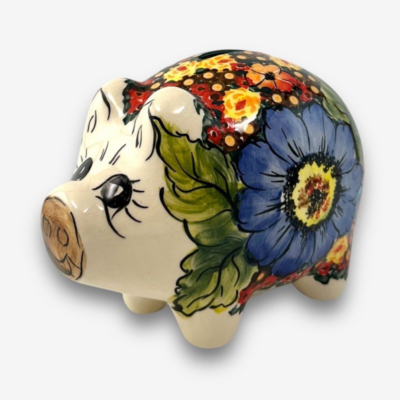 波蘭手繪手工陶-小豬存錢筒 15cm 繁花深處系列 波蘭製 - 存錢筒 - 陶 多色