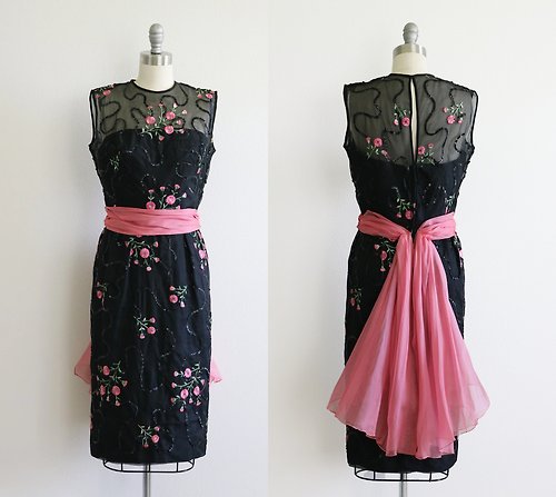 Madame Soufflé 。ms。美國購回 | 1950年手工粉色花卉刺繡亮片點綴古董禮服晚裝