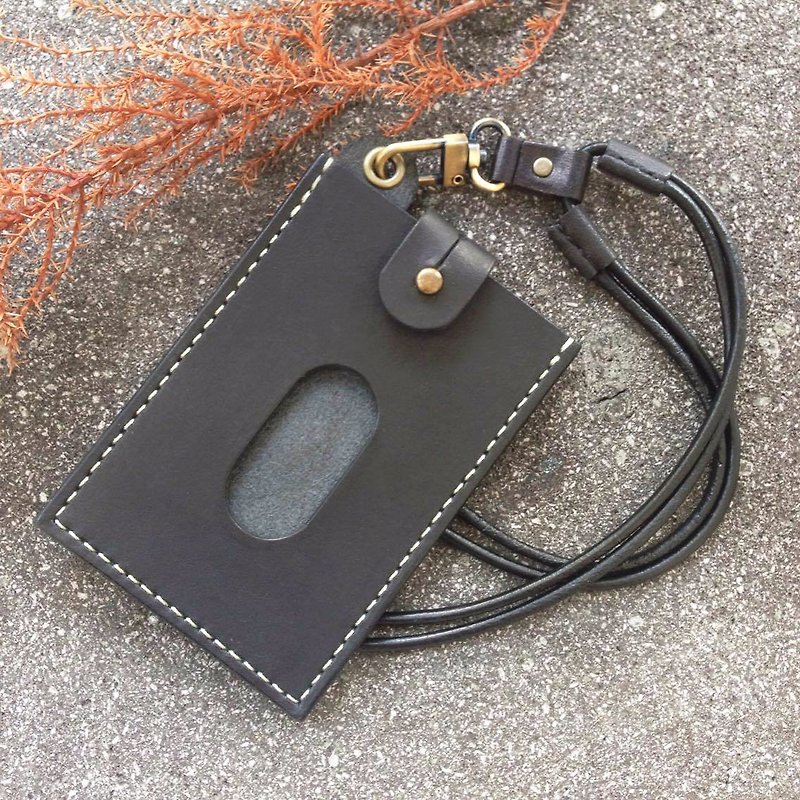 Pull buckle ID holder + retractable neck strap-vegetable tanned all black MRT card student ID - ID & Badge Holders - Genuine Leather Black
