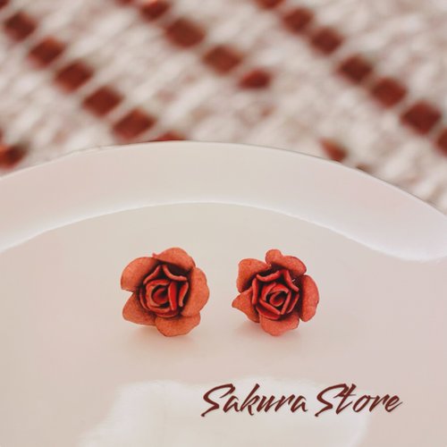 Sakura Store 皮革花耳環 玫瑰耳環 細版