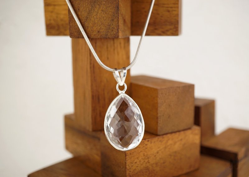Gemstone Necklaces Transparent - Clear Quartz Crystal Sterling silver pendant necklace, Drop faceted cut.
