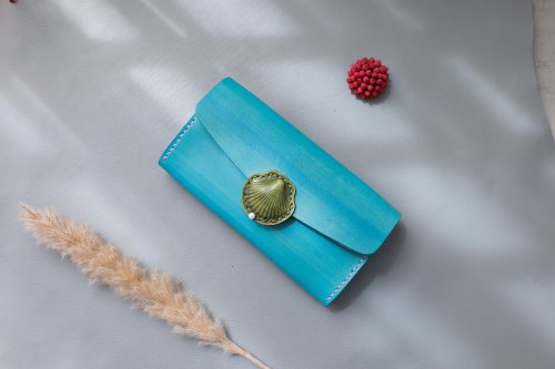 切線派皮具工作室 珍珠貝殼 女士手工真皮風琴長款錢包 手拿包