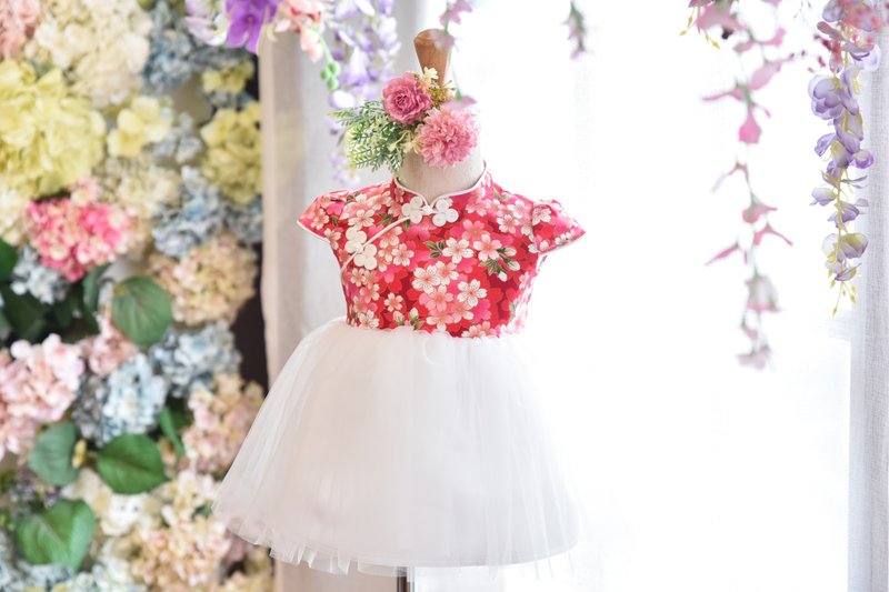 兒童旗袍禮服 日式和風小花款 - 男/女童禮服 - 棉．麻 粉紅色