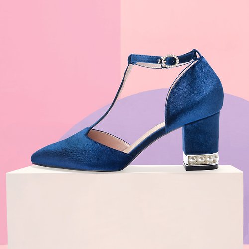 House of Avenues | HOA | 小尖頭T帶絲絨珍珠粗跟鞋 | 藍色 | 5360 |