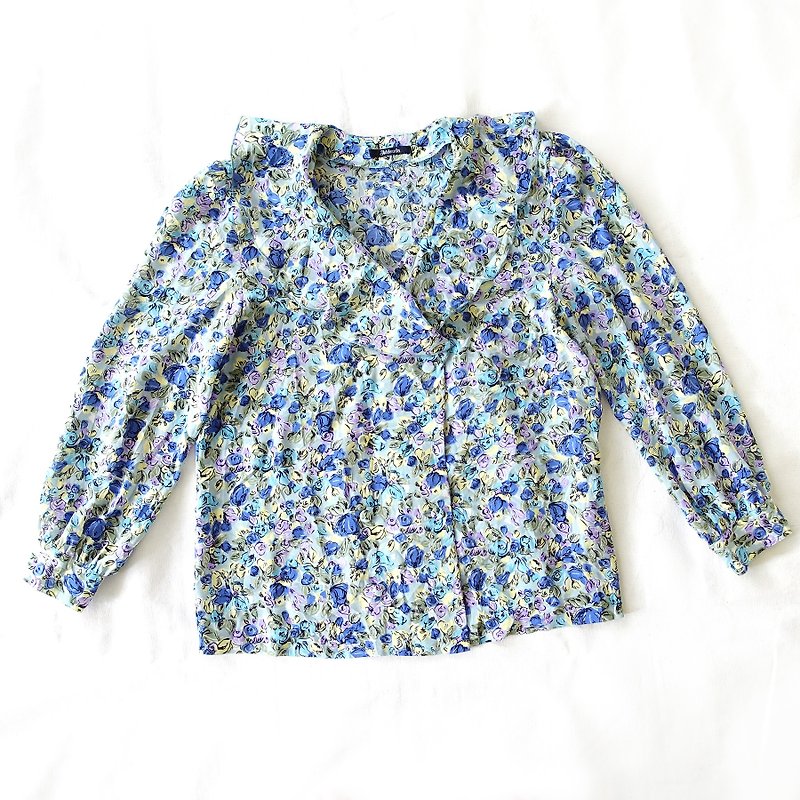 BajuTua / vintage / blue rose lotus leaf chiffon gown - Women's Shirts - Polyester Blue