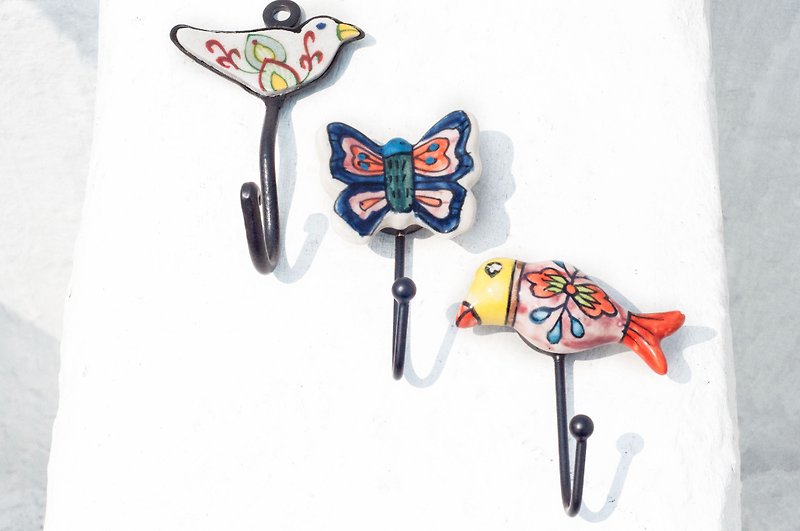 British retro hand-painted ceramic hook/ceramic hook/ceramic magnet hook-blue bird blue butterfly - Hangers & Hooks - Porcelain Multicolor