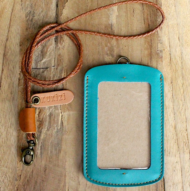 ID case/ Pass case/ Card case - ID 1 -- Turquoise + Tan Lanyard (Cow Leather) - ID & Badge Holders - Genuine Leather 