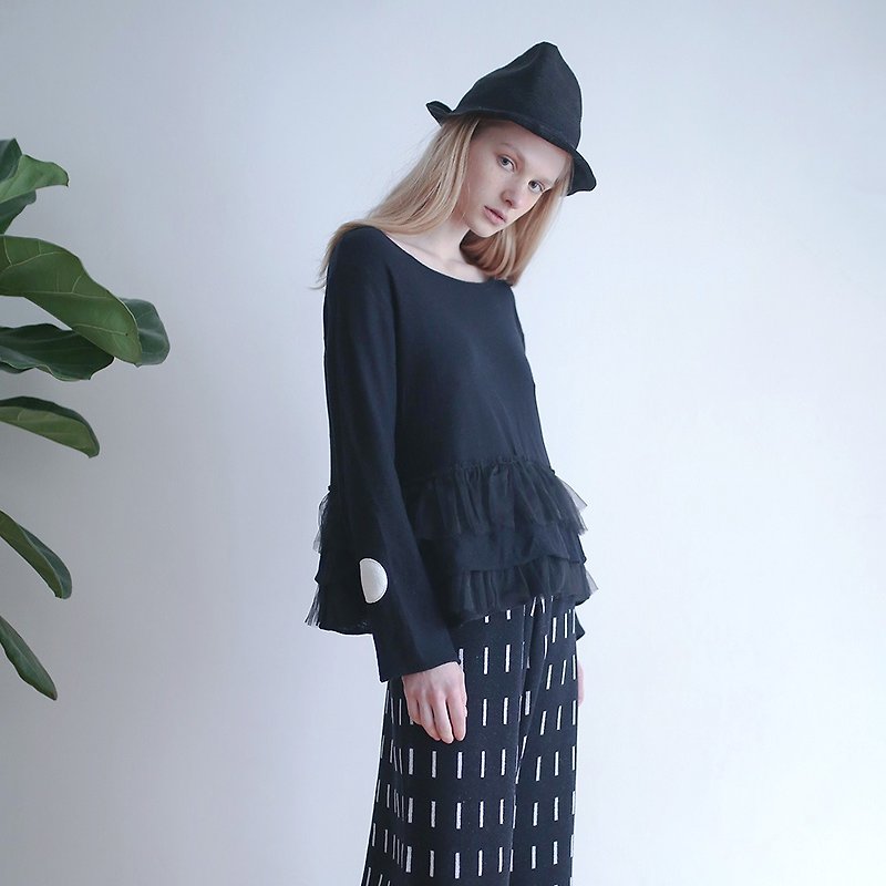 Net yarn sleeves black wool sweater - imakokoni - กางเกงขายาว - ขนแกะ สีดำ