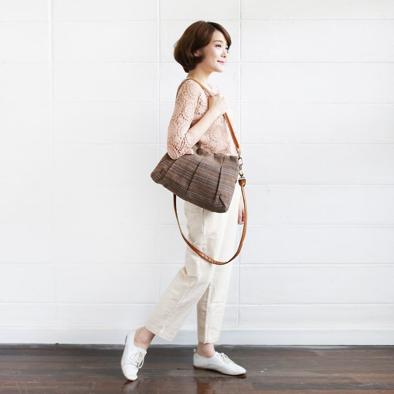 Brown-Blue Cross-body and Shoulder Three Pleat Size L Botanical Dyed Cotton - Messenger Bags & Sling Bags - Cotton & Hemp Brown
