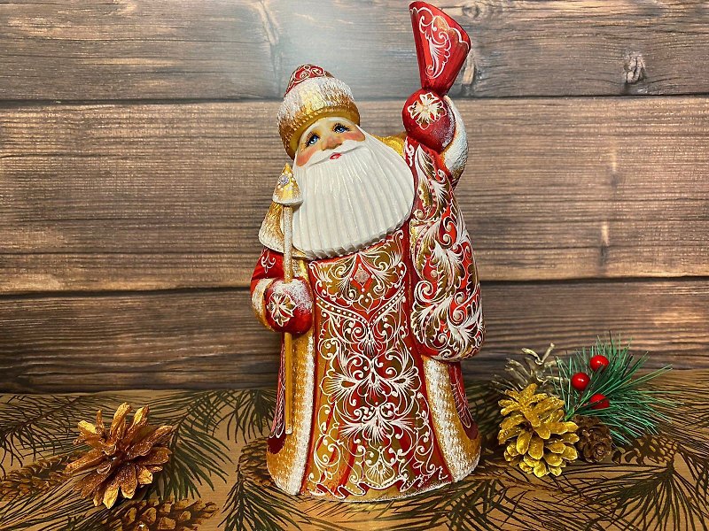 Wooden Santa Carved Christmas Ornament Santa Figurine Christmas - 玩偶/公仔 - 木頭 紅色