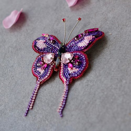 Brooch butterfly beads, pink beads brooch,embroidered brooch beads
