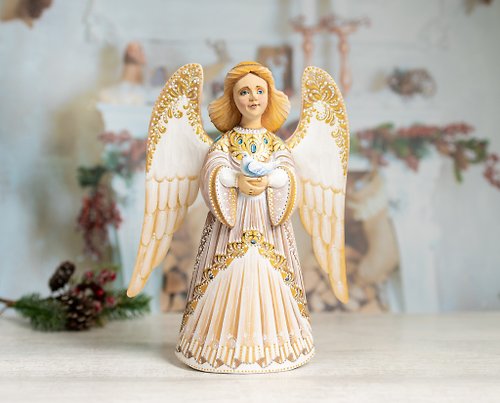 天使の置物鳩と木製の天使天使像クリスマスの天使の飾り - ショップ