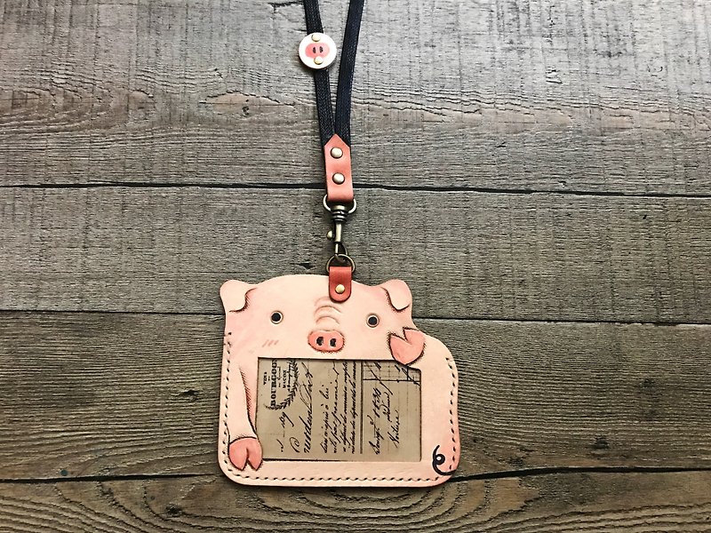 POPO│ pink pig │ original design ‧ ID card holder │ leather - ที่ใส่บัตรคล้องคอ - หนังแท้ สึชมพู