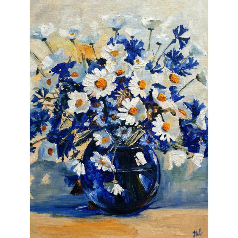Daisies Painting Flowers Oil Original Art Home Life Floral Wall Art - 海報/掛畫/掛布 - 其他材質 藍色