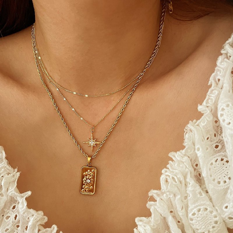 【CReAM】Nya plated 18K gold bright diamond sun star moon retro rectangular badge tag necklace - Necklaces - Other Metals 