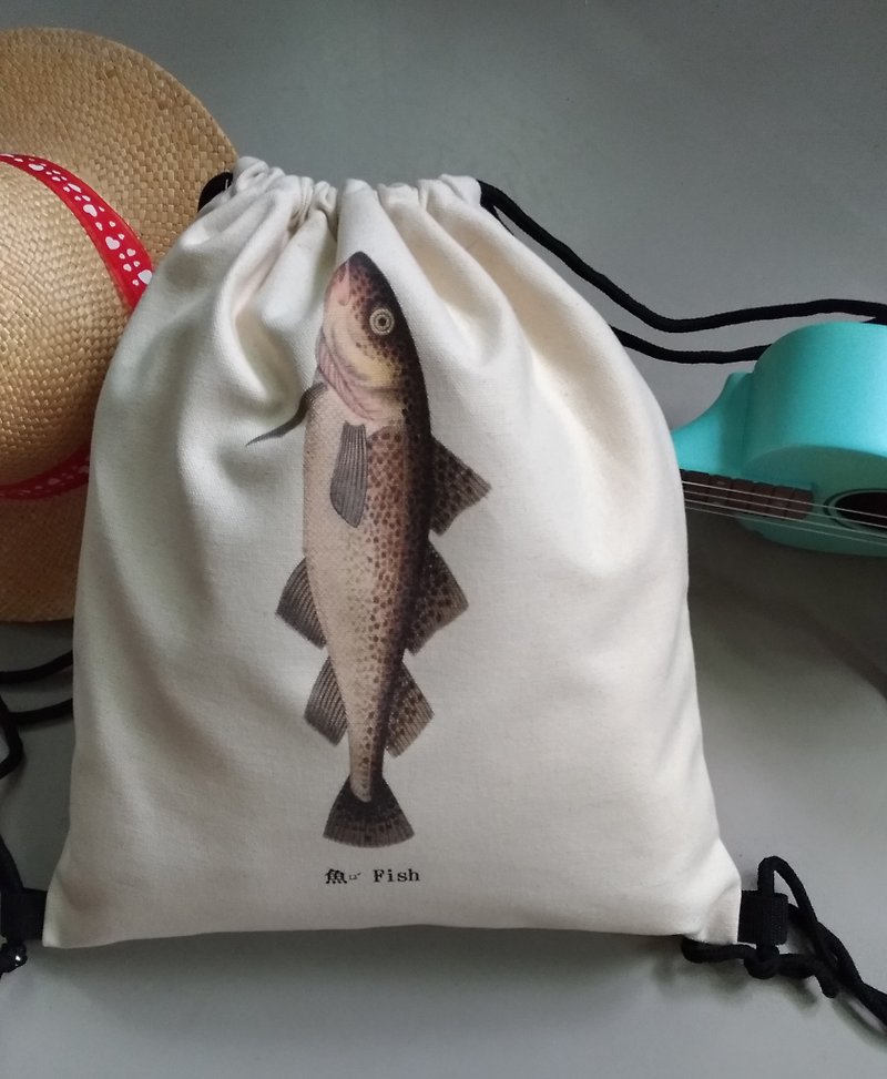 Striped Drawstring Backpack - 魚 Fish - กระเป๋าเป้สะพายหลัง - ผ้าฝ้าย/ผ้าลินิน สีนำ้ตาล