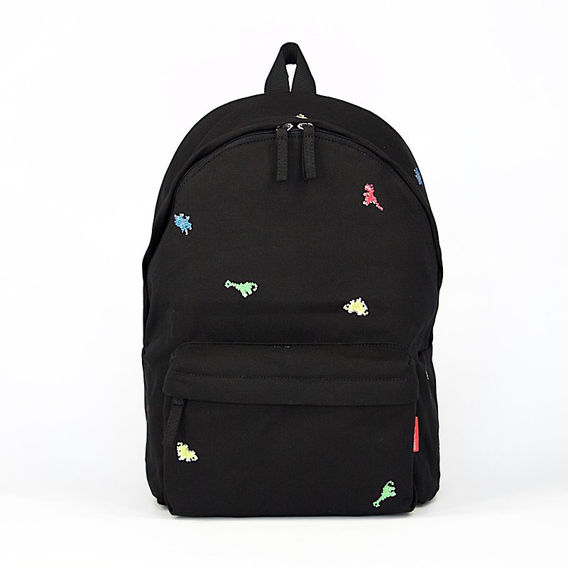 Dinosaur Embroidery Canvas Backpack  ( 13.5 / 15.5 Notebook ) / Black - Backpacks - Cotton & Hemp Black