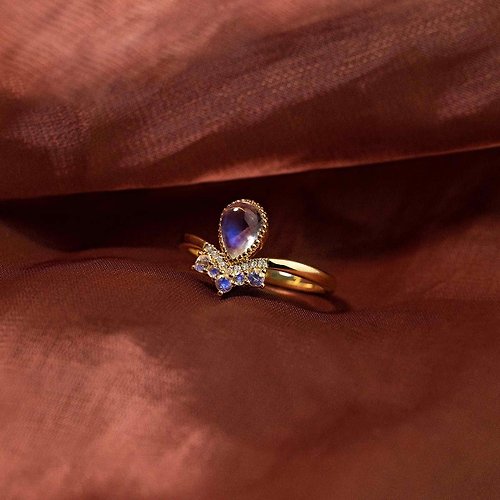 Purplemay Jewellery 【輕奢系列】18K金純天然月亮石鑽石訂婚戒指復古戒指 - R195