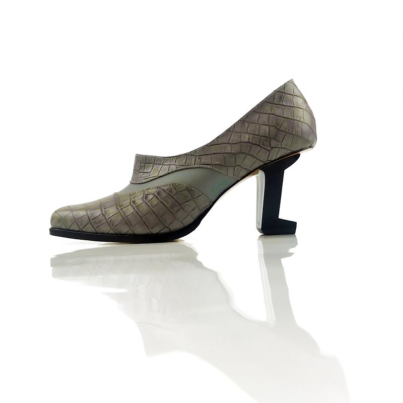 Stream (grey alligator cow leather handmade leather shoes) - รองเท้าส้นสูง - หนังแท้ สีเทา
