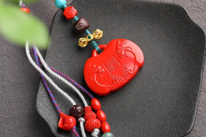 天然原礦硃砂精品紅砂獸面如意鎖吊墜 硃砂含量高達95%以上 - 項鍊 - 寶石 