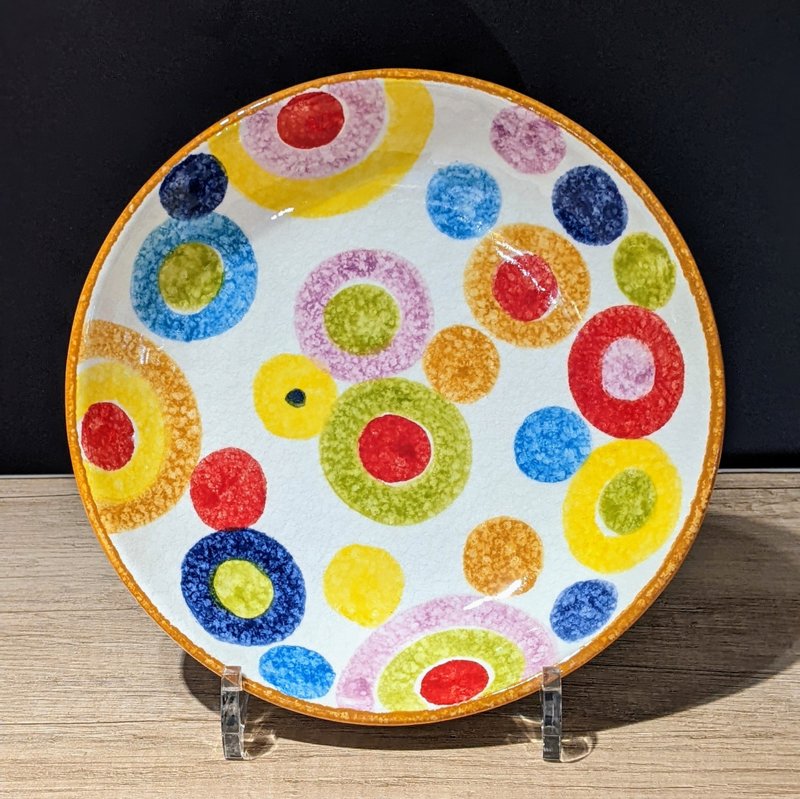 Italian handmade pottery-POP pop art deep plate 21cm (orange edge circle) - Plates & Trays - Pottery Multicolor