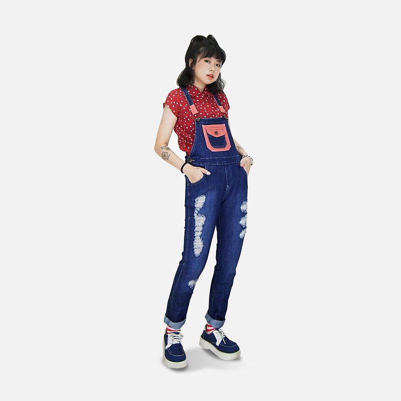 A‧PRANK: DOLLY :: VINTAGE dark blue with retro styling brush mixed colors sling broke narrow version of tannins pants (fabric elastic) - Overalls & Jumpsuits - Cotton & Hemp Blue