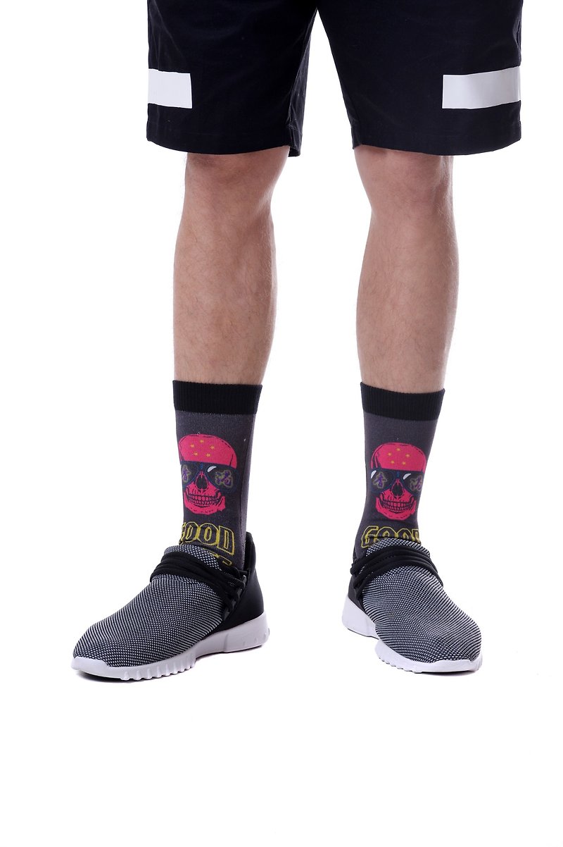 Fool's Day Printed Crew Socks - Good Vibes Black - ถุงเท้า - เส้นใยสังเคราะห์ สีดำ