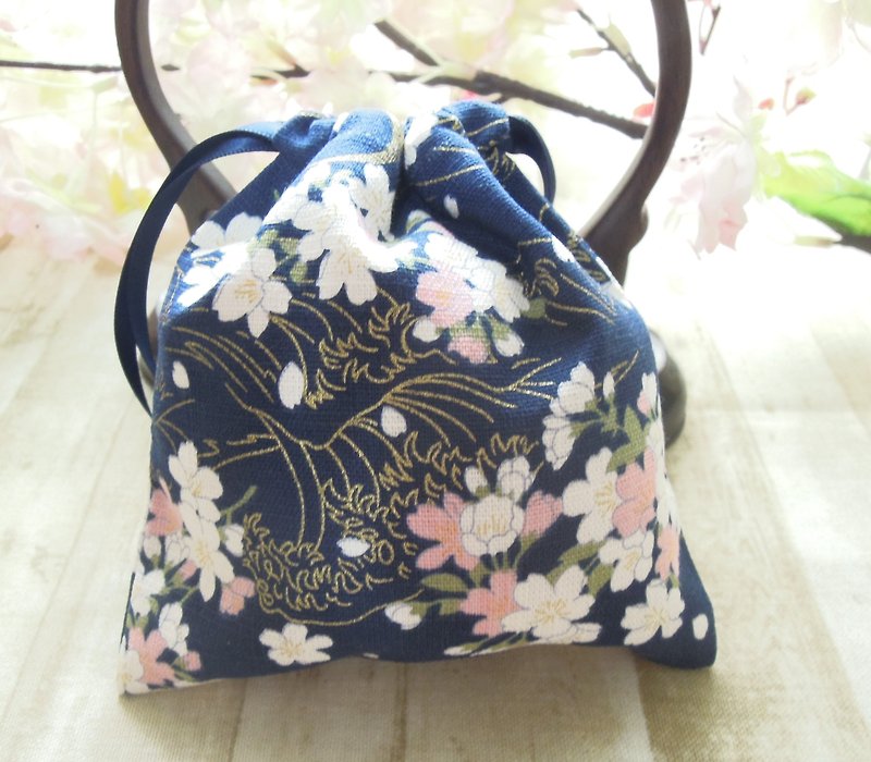 Yunyun Pavilion - handmade storage bag with pink and white two-color cherry blossoms on blue background - Other - Cotton & Hemp 
