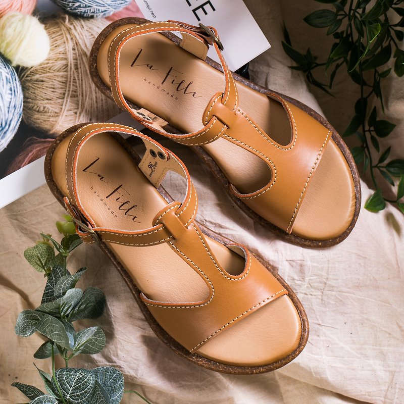 T-shaped open-toe sandals _ brown - รองเท้ารัดส้น - หนังแท้ สีส้ม