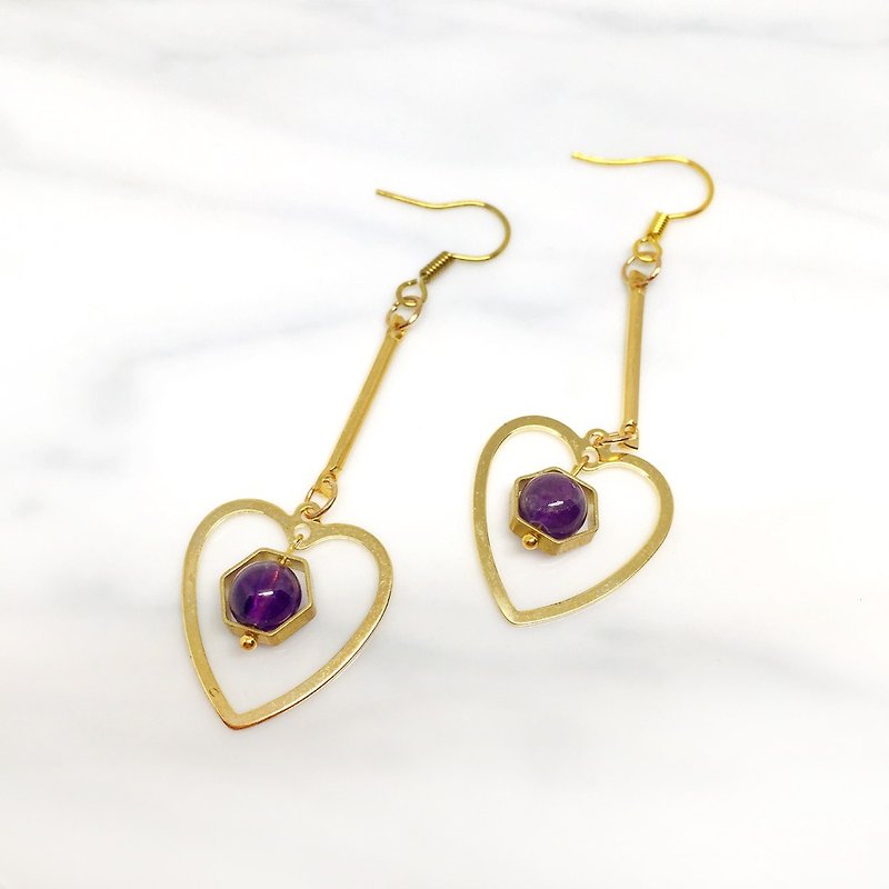 紫心◆可改夾式 Brass Earrings / 一對 / 天然石 復古 黃銅耳環 / 禮物客製設計 - 耳環/耳夾 - 寶石 金色