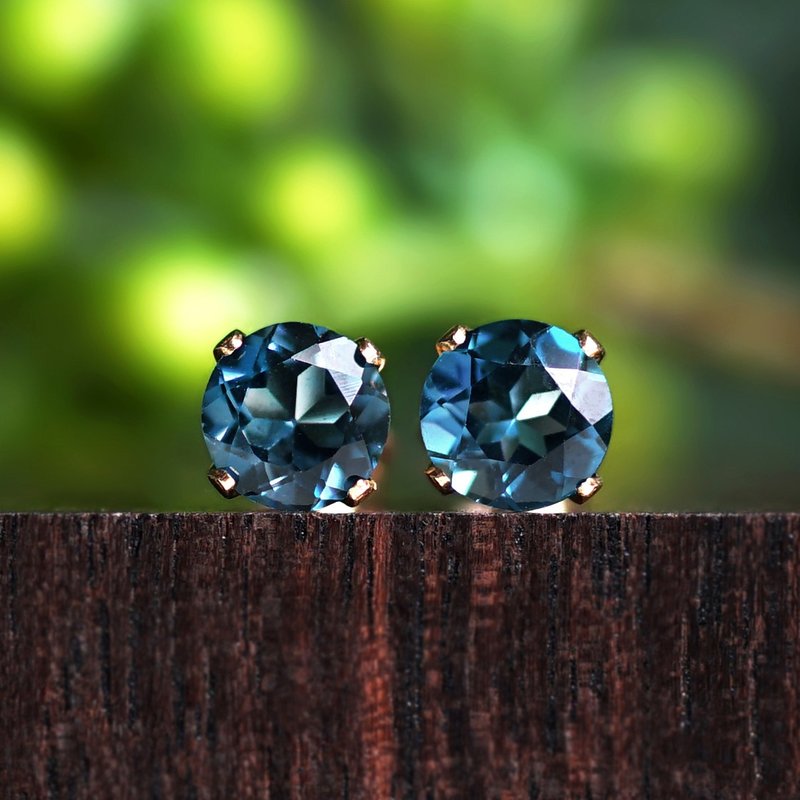 14KGF Stud Earrings with London Blue Topaz 6mm Delphine - ต่างหู - เครื่องเพชรพลอย 