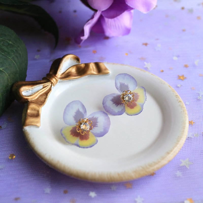 blue lavender organza Silk diamond crystal pansy flower Earrings gift  - Earrings & Clip-ons - Silk Purple
