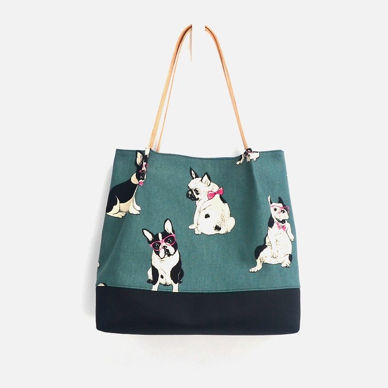 Cute dog tote bag/shoulder bag/handbag handmade canvas lovely adorable - กระเป๋าแมสเซนเจอร์ - ผ้าฝ้าย/ผ้าลินิน สีน้ำเงิน