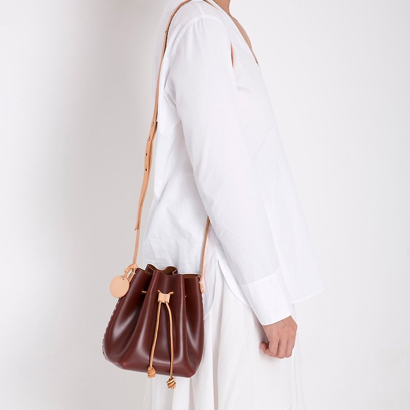 Cowhide small mini bucket bag side backpack closing bucket bag - Messenger Bags & Sling Bags - Genuine Leather 
