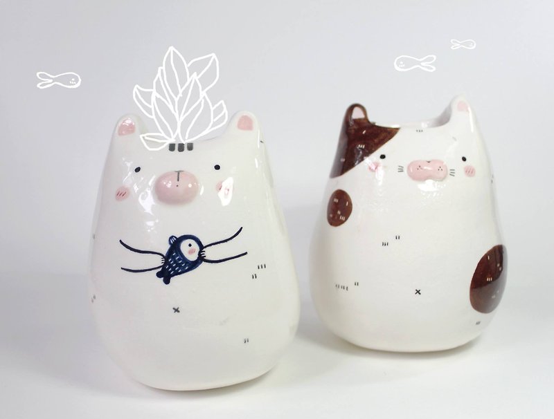 花瓶猫 - 観葉植物 - 陶器 ホワイト