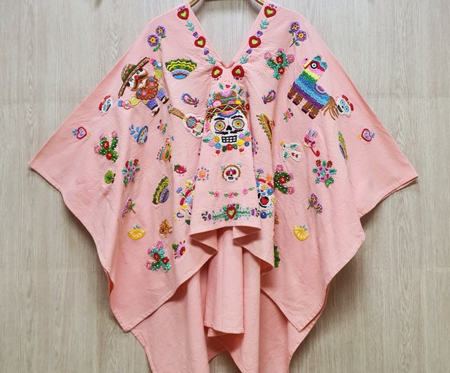 手刺繡ポンチョ、綿、メキシコ、メキシコ、花、ディア・デ