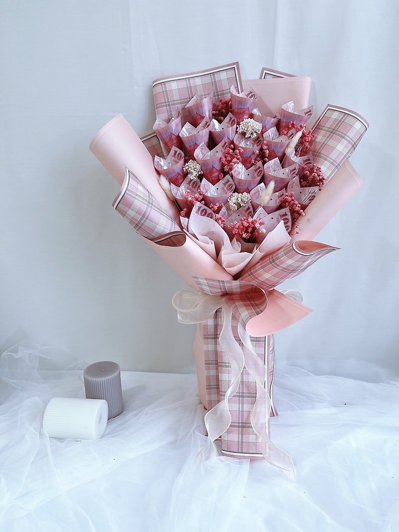 Blue Heart Floral Roll Heart Banknote Bouquet Valentine's Day Gift Mother's Day Birthday Gift Customized Gift - ช่อดอกไม้แห้ง - พืช/ดอกไม้ สึชมพู