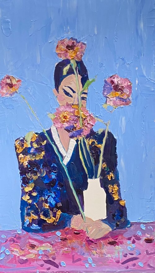 花を持つ女性、オリジナルの油絵、フォービズム、マティスに