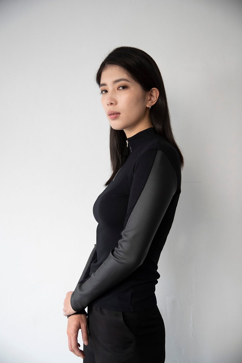 Faux Leather Panel Long Sleeves - Black - Women's Tops - Other Materials Black