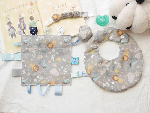 Pon Baby。愛手作。 六重紗口水巾 安撫巾 手搖鈴可拆下 奶嘴鍊 彌月禮盒 灰底獅子與