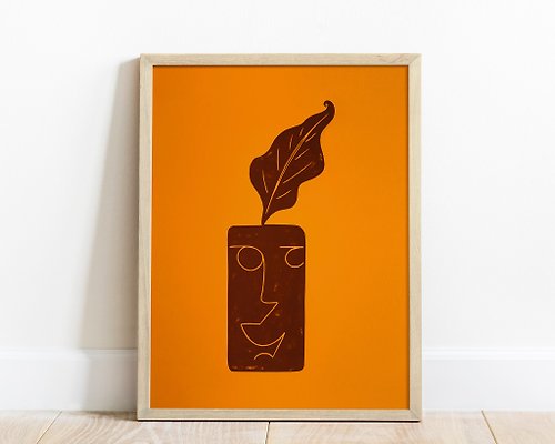 daashart Yellow and brown Linocut print Boho vase with male face and plant wall art