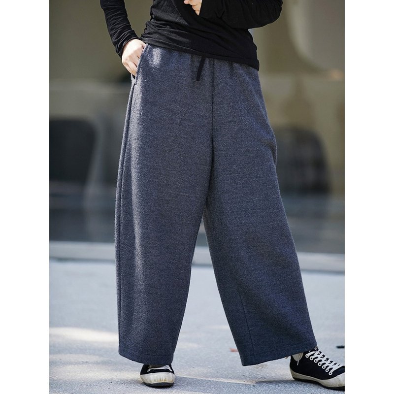 Mist gray wool elastic waist loose warm radish pants - กางเกงขายาว - ขนแกะ 