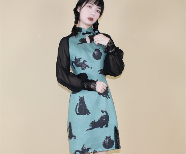 グリーンピーチスキンキャットステッチ長袖スリムチャイナドレス新しい中国の女の子らしいスタイルの改良されたドレスワンピースドレス ショップ Eden Cheongsam チャイナドレス Pinkoi