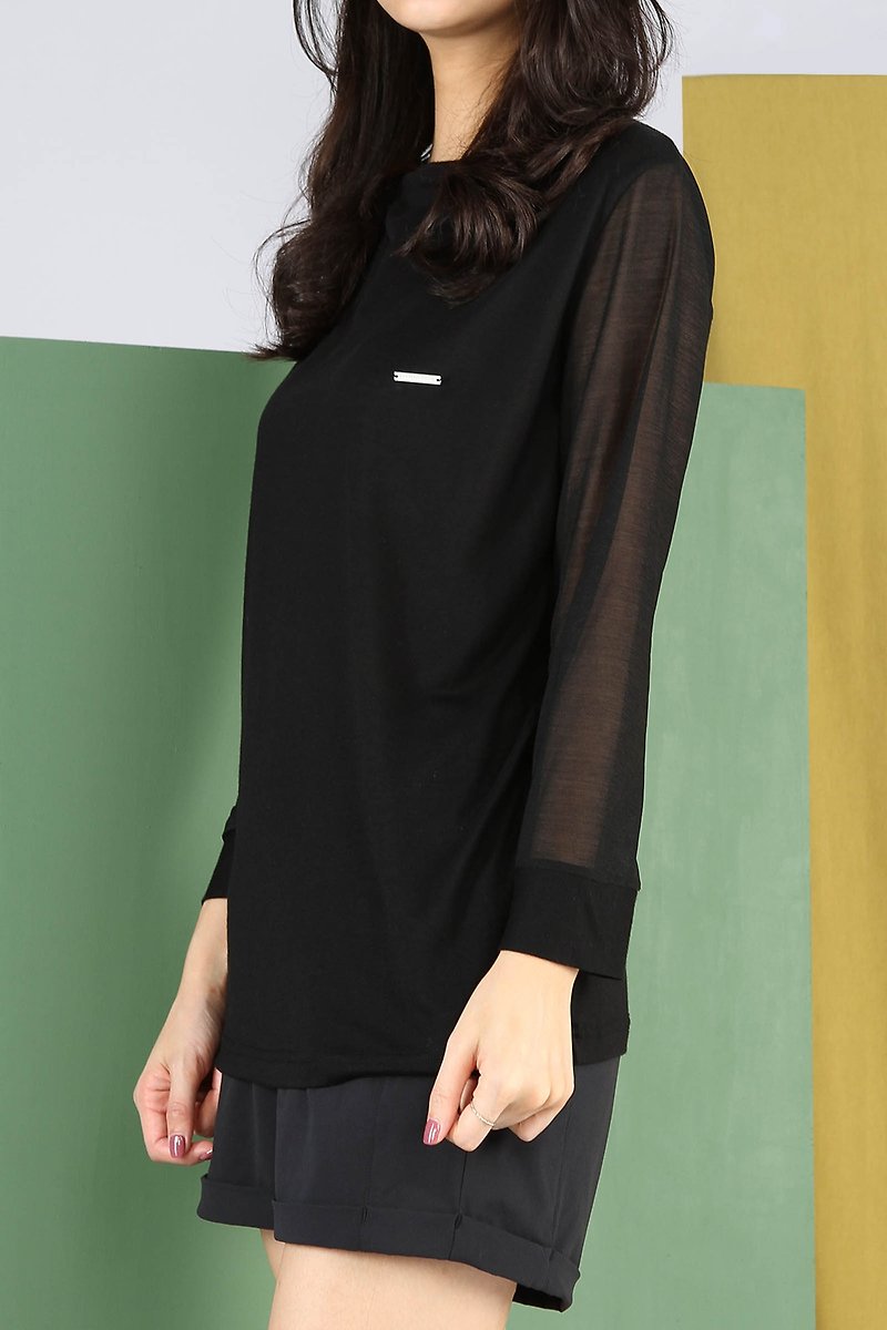 Draped Collar Yarn Silk Top - Black - เสื้อผู้หญิง - เส้นใยสังเคราะห์ สีดำ