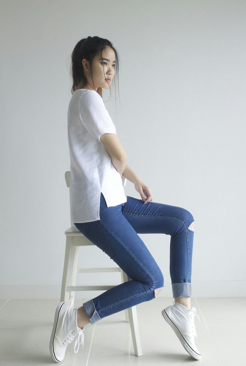made to order linen blouse / clothing / casual / top / women /natural top E 38T - Women's Tops - Linen White