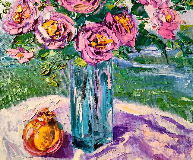 ザクロ ピンクのバラ ガラス花瓶 油絵 厚塗り オリジナル アーティスト 