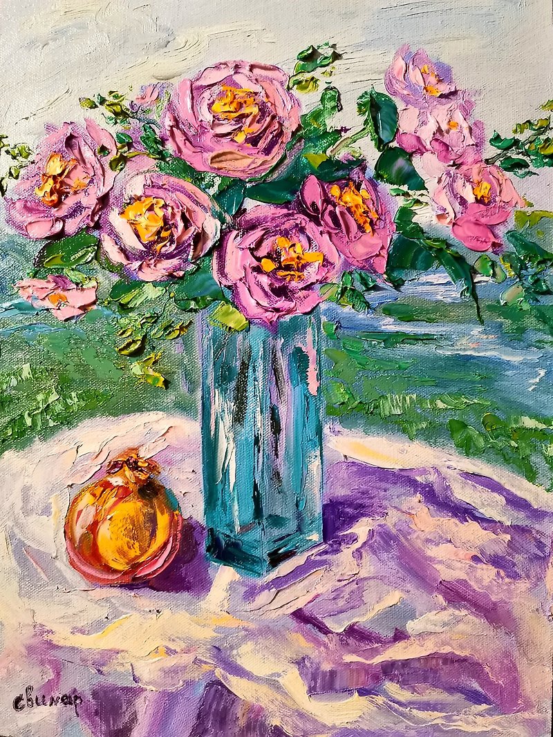 ザクロ ピンクのバラ ガラス花瓶 油絵 厚塗り オリジナル アーティスト Svinar Ok - その他 - その他の素材 多色