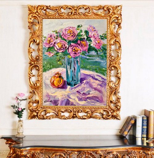 ザクロ ピンクのバラ ガラス花瓶 油絵 厚塗り オリジナル アーティスト