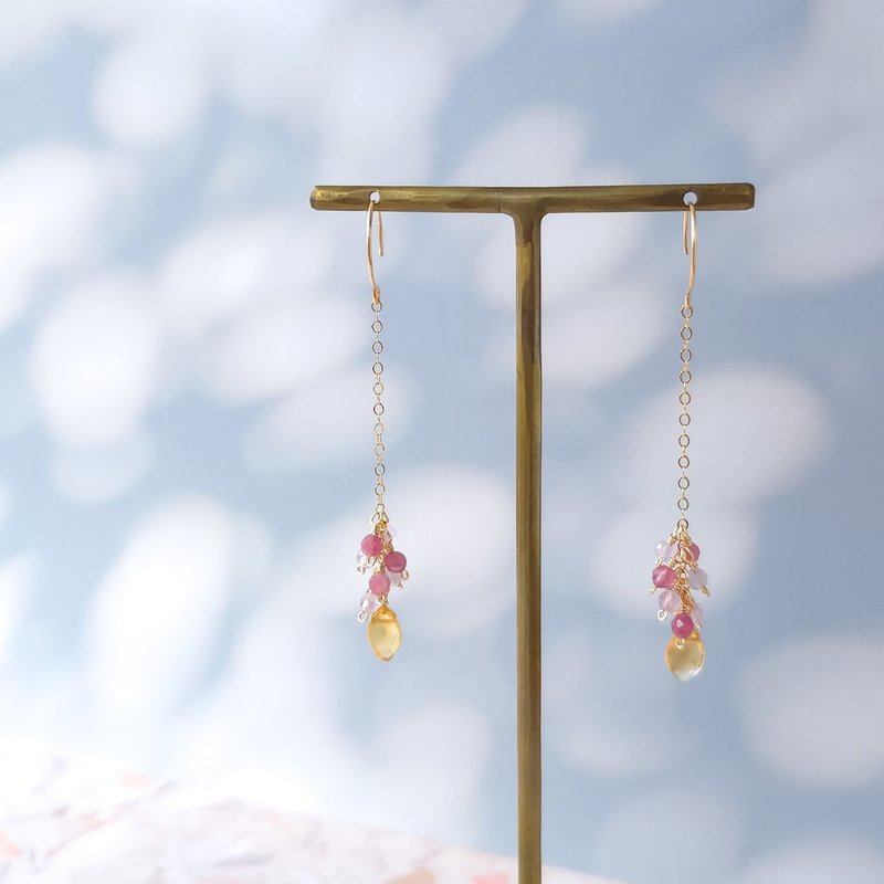 14k gold filled citrine, pink tourmaline, amethyst, chain Clip-On - ต่างหู - เครื่องประดับพลอย สีส้ม