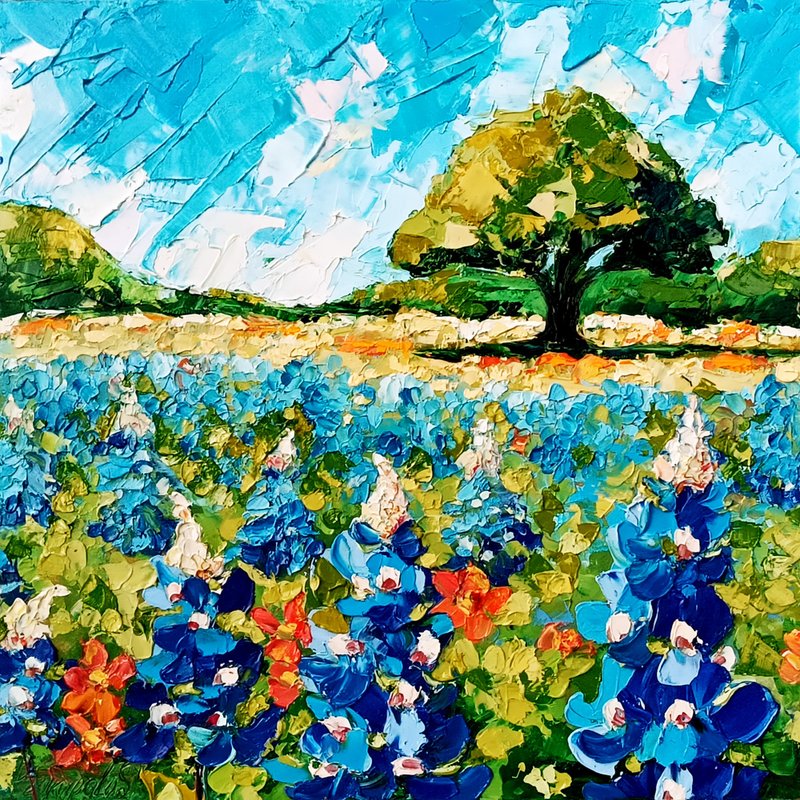 Bluebonnet Painting Flower  Original Art Impasto Oil Painting Landscape 10 x 10 - 壁貼/牆壁裝飾 - 其他材質 紫色